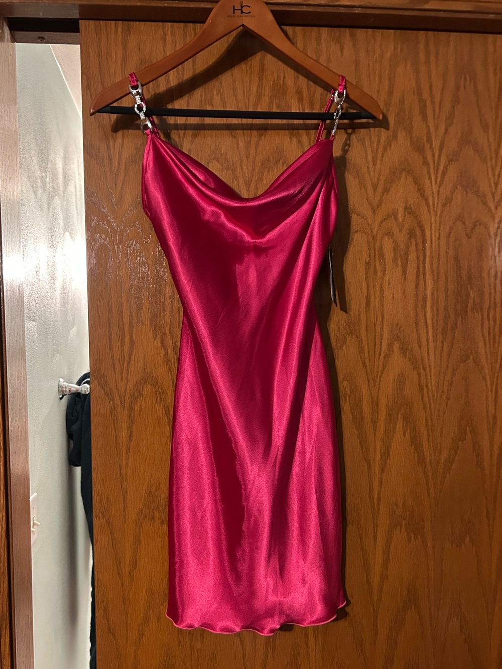 Jump Satin Slip Dress in Bright Pink with Chain Straps